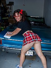 Naughty mom loves dressing up as a teen and get wet in her husbands car